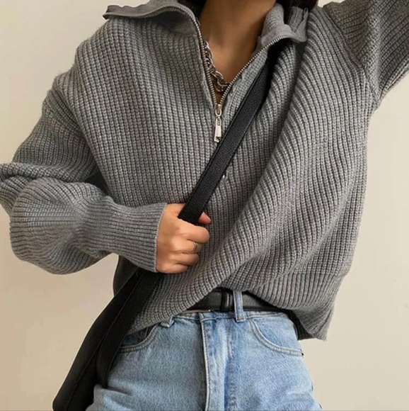 Sweaters - Sweaters Solid Grey Ladies Turtleneck Casual Loose Thick Zippers Pullovers